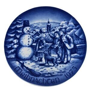 1975 BAREUTHER Christmas Plate Children Snowman Dog Blue Bavaria Germany Vtg